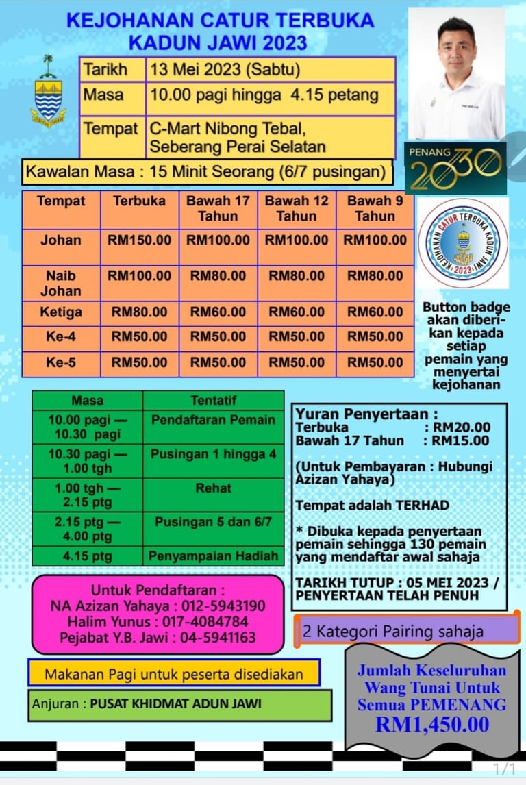 Kejohanan Catur Terbuka Kadun Jawi 2023. Penang Chess. Malaysia Chess. Catur Malaysia