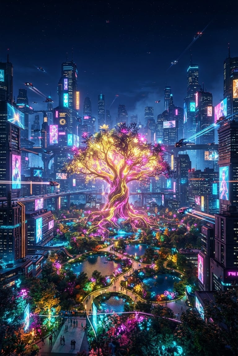 Wide panoramic futuristic mega-city at night, neon signs and holographic billboards, central park with a large bioluminescent tree of life glowing gold and magenta, energy pulsing from roots to limbs. Vibrant 3D digital art, high-contrast neon bioluminescence, deep midnight blue and magenta, octane render, cinematic scale.