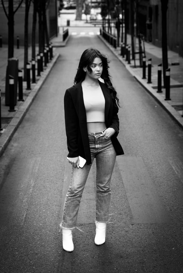 Fotografia en blanco y negro de una mujer posando en un paso de cebra