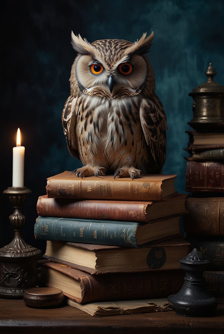 a owl owl sitting on top of a stack of books