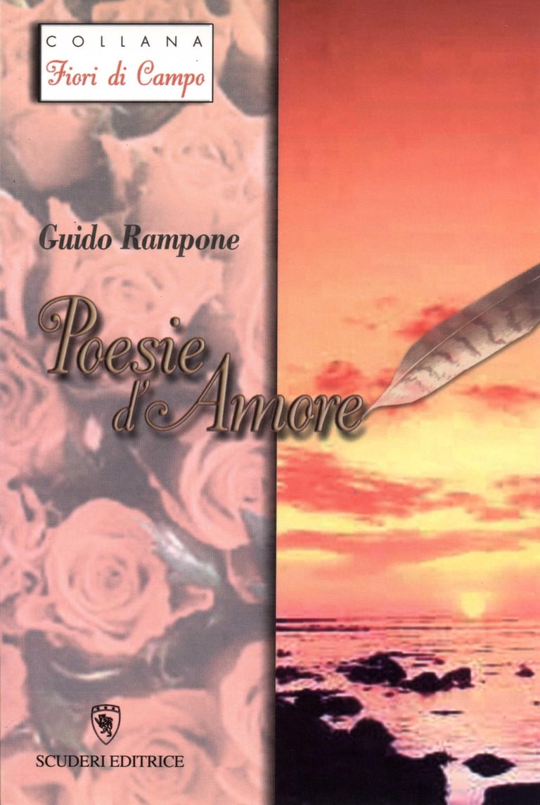 Italian poetry book cover Poesie d'Amore by Guido Rampone featuring roses and a sunset beach.