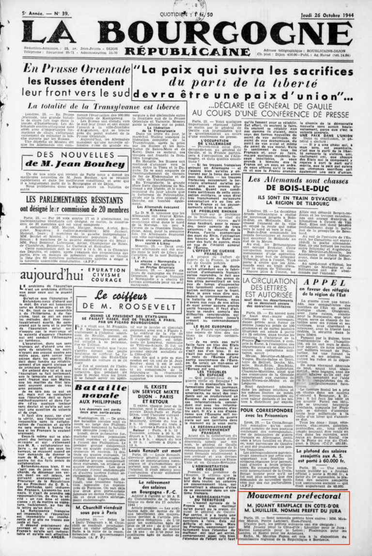 La Bourgogne 26/10/1944 nomination de Marcel Lanquetin et mise à disposition de Maurice Papon ...
