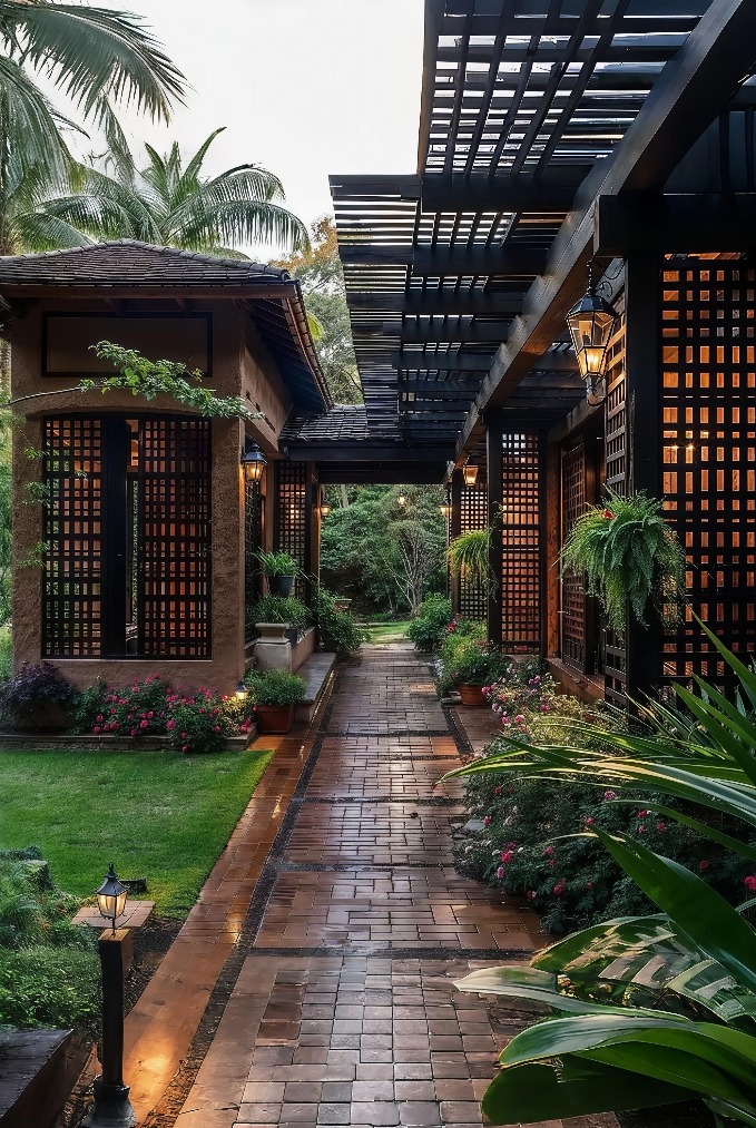 Luxury tropical villa walkway with a black pergola, stone pavers, and lush garden landscaping.