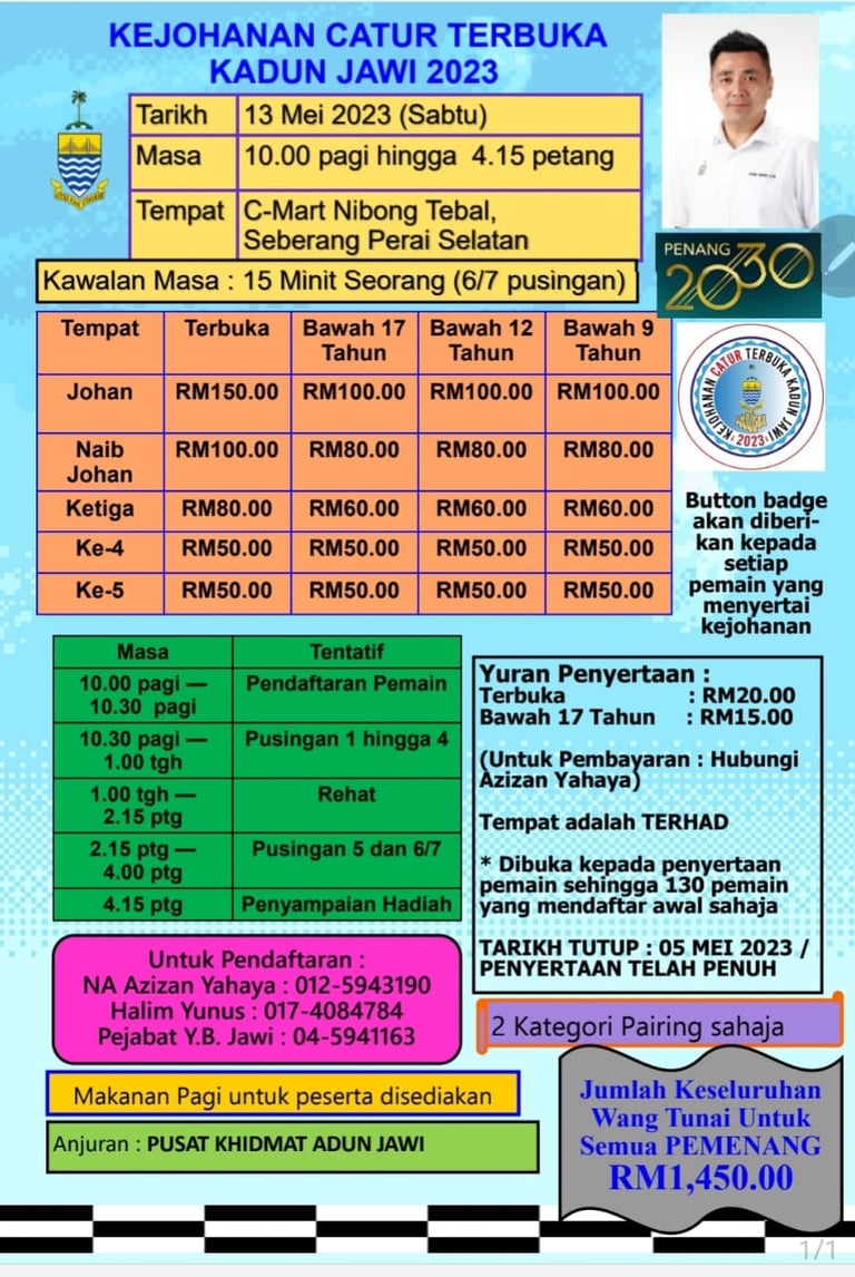 Kejohanan Catur Terbuka Kadun Jawi 2023. Penang Chess. Malaysia Chess. Catur Malaysia