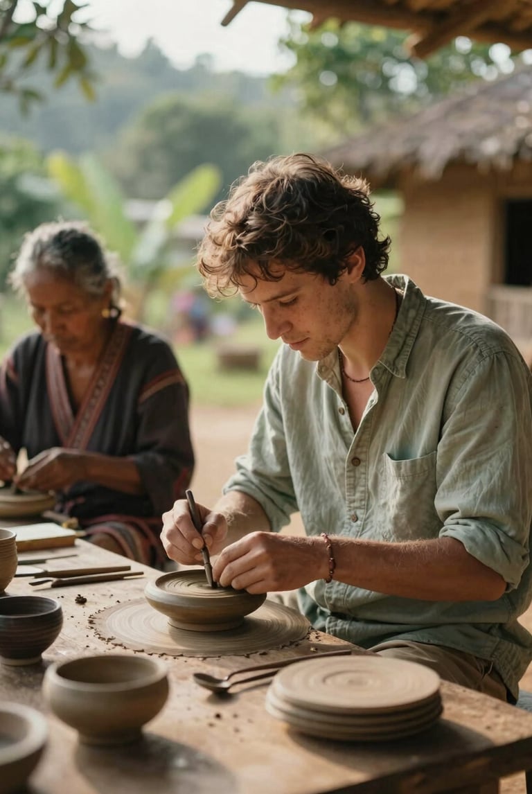 A traveler engaging in a cultural workshop with local artisans in a village. The lighting is warm and natural. The palette uses soft sage and earthy forest tones.