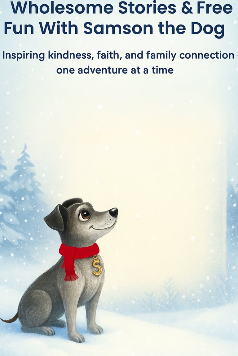 Samson the storybook dog in a red scarf sitting in a soft winter snow scene with glowing light and falling snowflakes — hero
