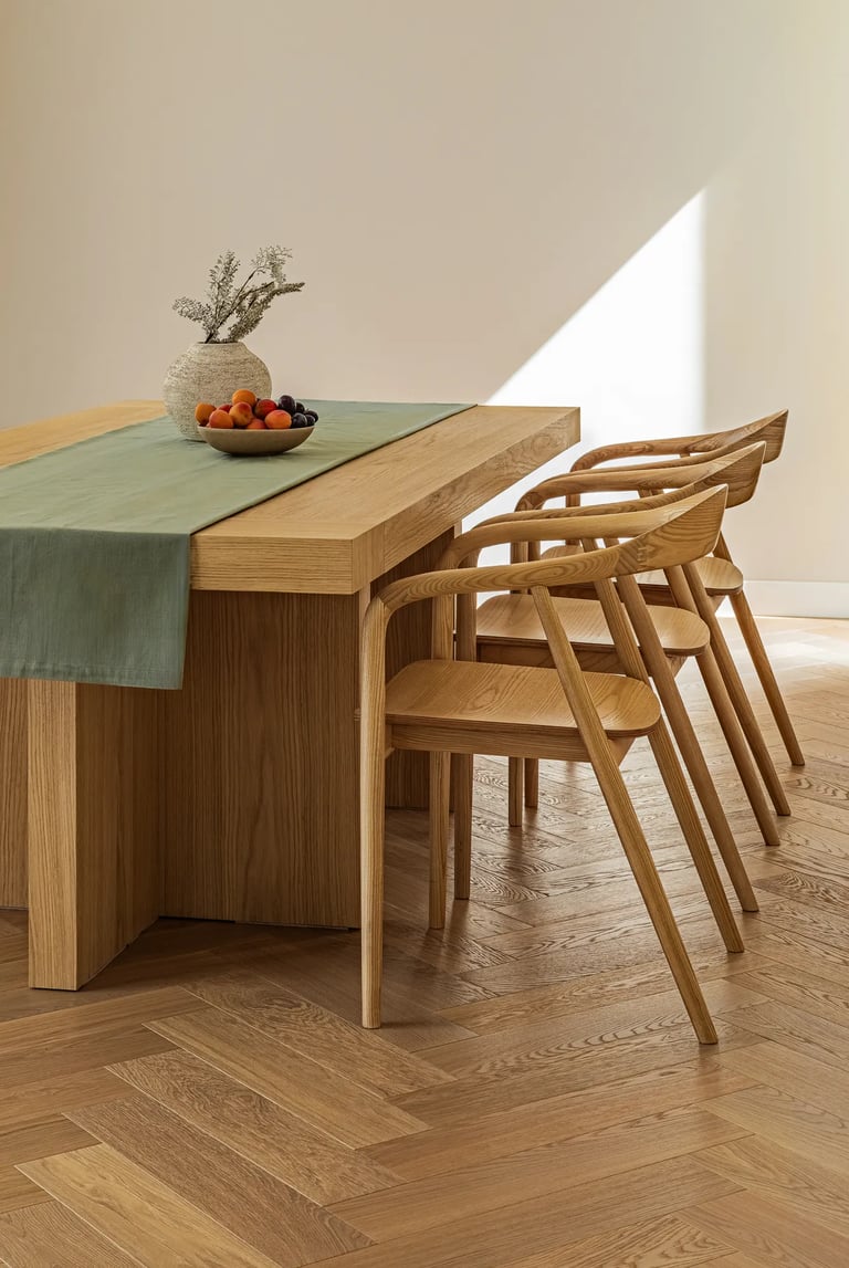 Stylizacja do sesji wnętrz: detale na dębowym stole i lniany bieżnik.