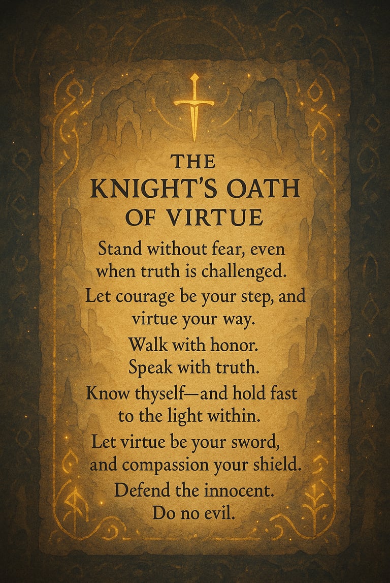 "The Knight’s Oath of Virtue scroll with golden sword and medieval design, expressing core values of courage and honor"