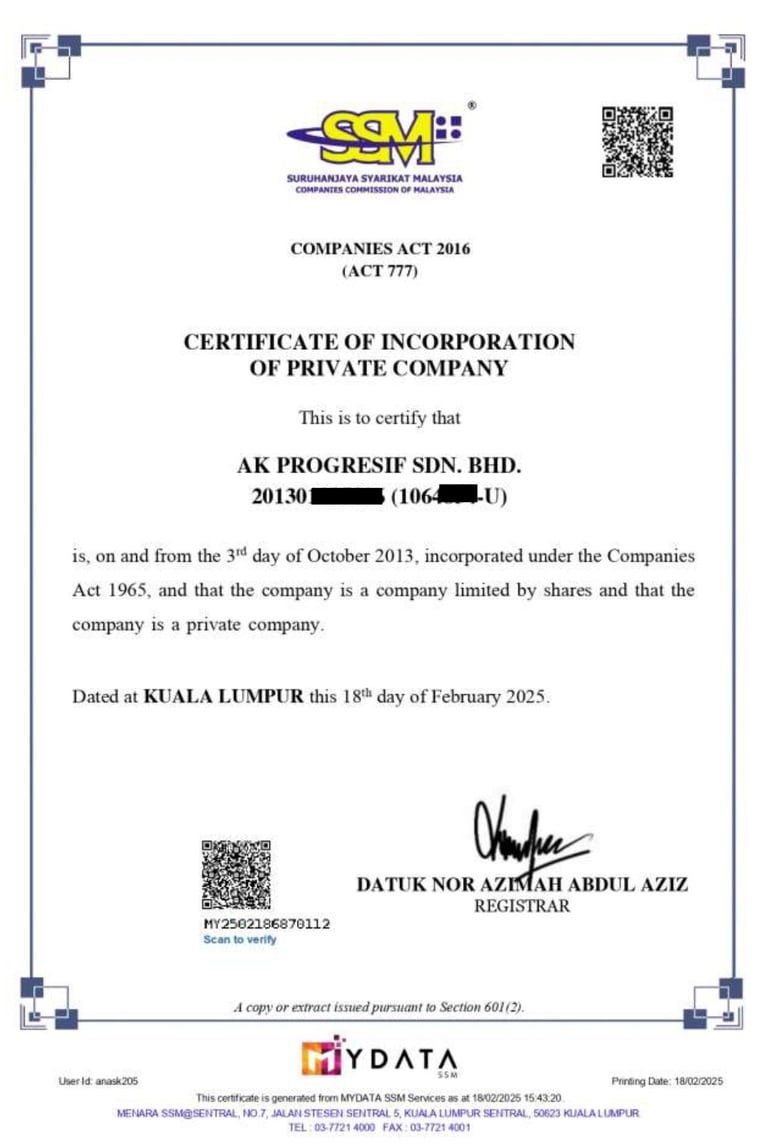SSM Registration Certificate