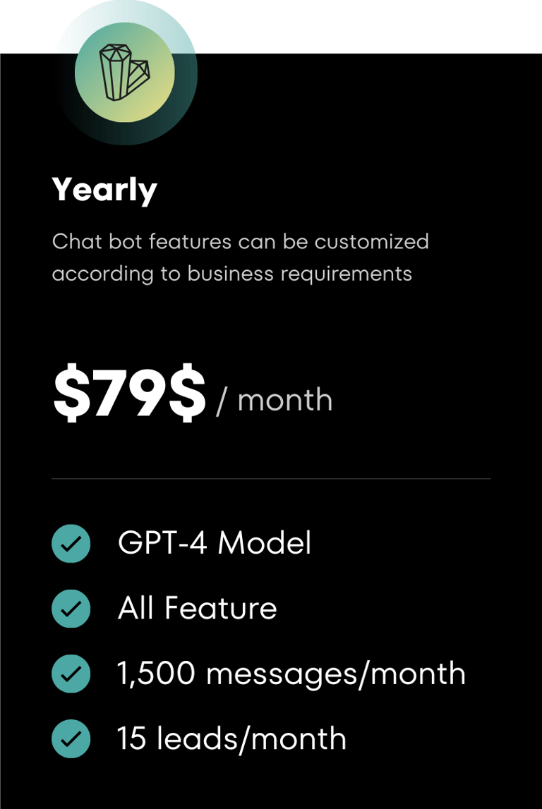 Annual chatbot subscription package at $799 per month with full features, GPT-4 Model, 1,500 message