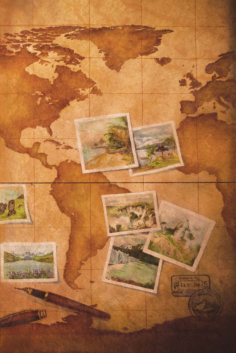 Illustration in watercolour, old map, a pen and photos