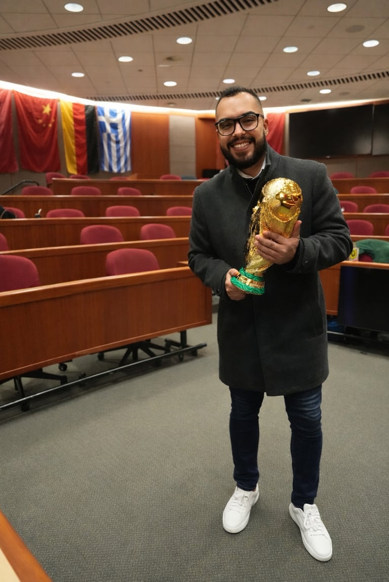 Alejandro Montoya con la copa del mundo en la Universidad de Harvard.