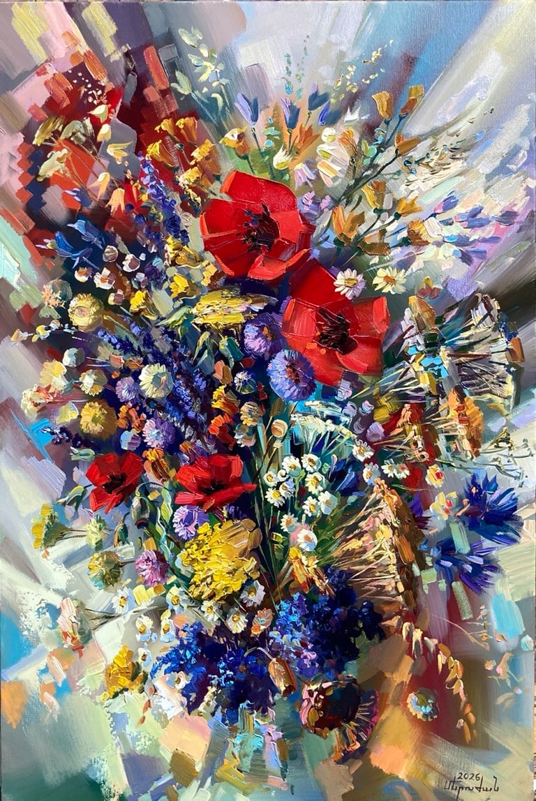 Colorful floral painting by Meruzhan Khachatryan featuring expressive flowers and vibrant colors