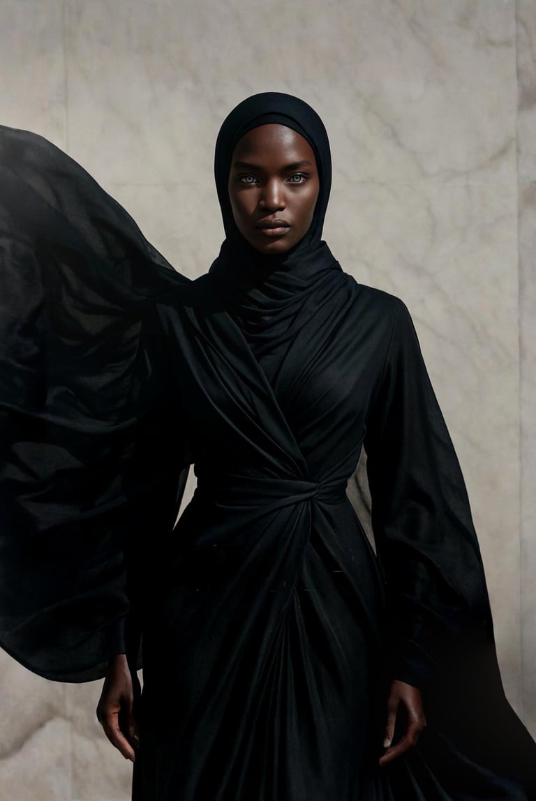 A beautiful black woman wearing an elegant black wrap dress.