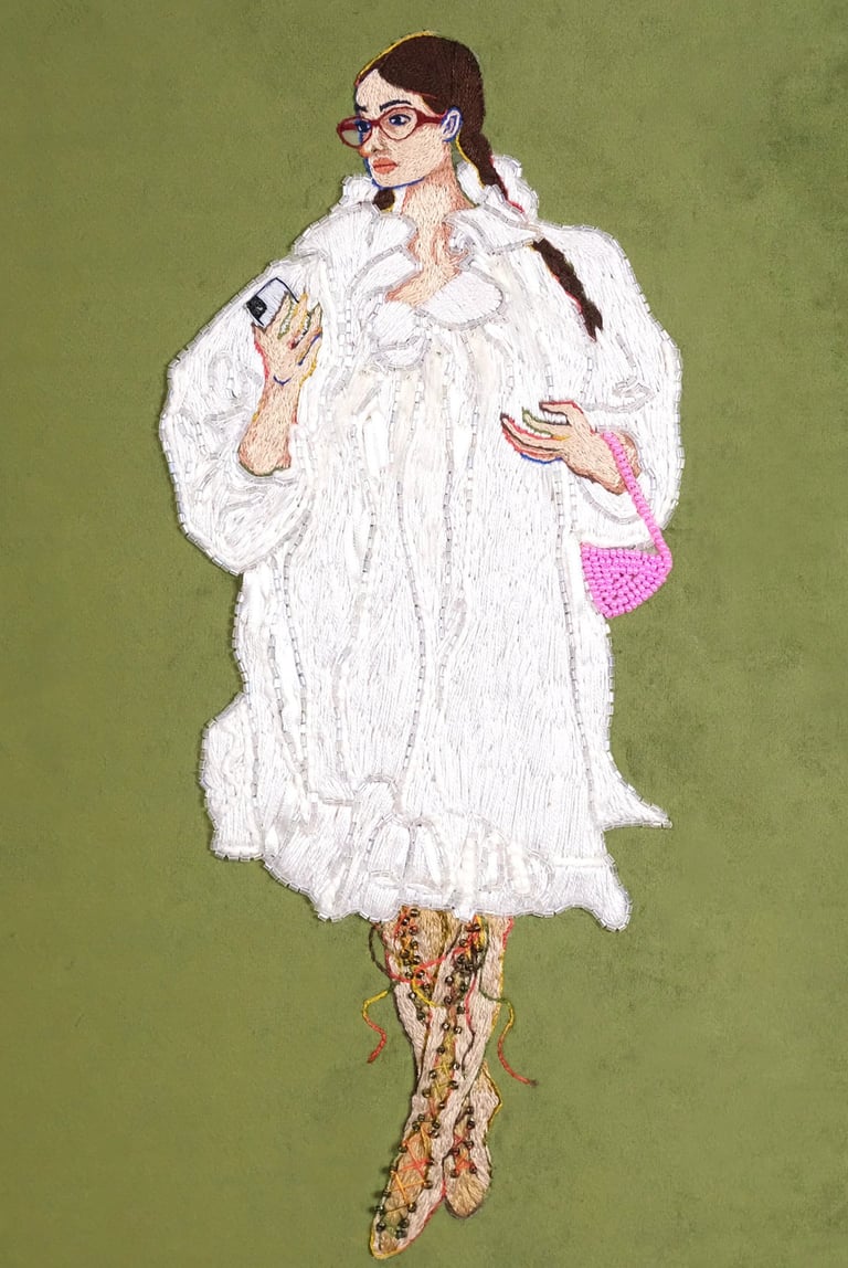 a woman in a white fur coat and boots embroidery and beaded pink bag