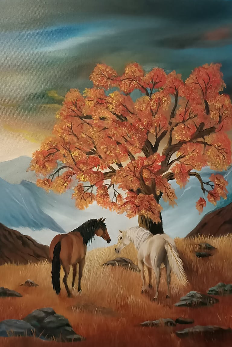a painting of 2 horses infront of a large oak tree in autumn colours with mountains and morning mist