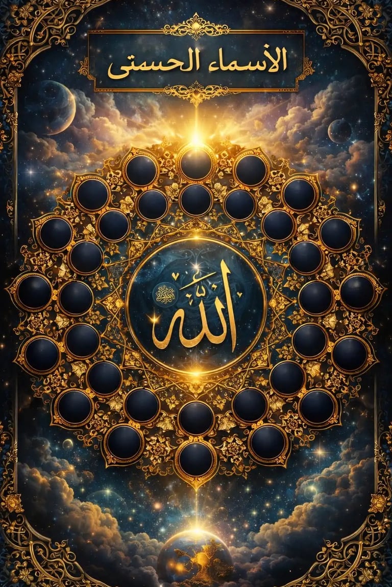 Celestial golden Islamic calligraphy showing 99 names Al-Asma al-Husna arranged , set within luminous cosmic sky masterpiece 