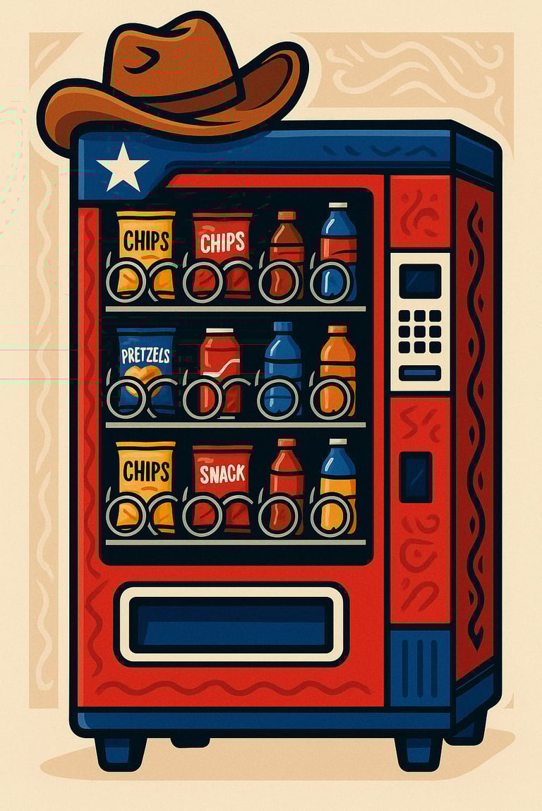 Cartoon-style vending machine stocked with snacks and drinks, decorated with a cowboy hat and Texas
