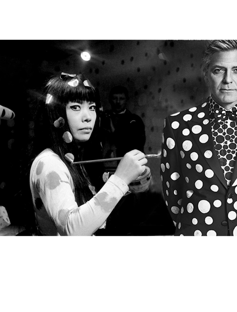 an artist Kusama painting a man George Clooney in polka dotty dress clothes