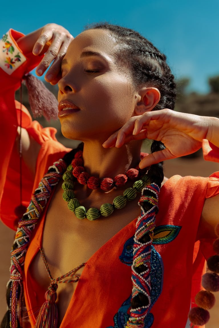 Woman wearing traditional African beaded jewelry and an orange embroidered dress.