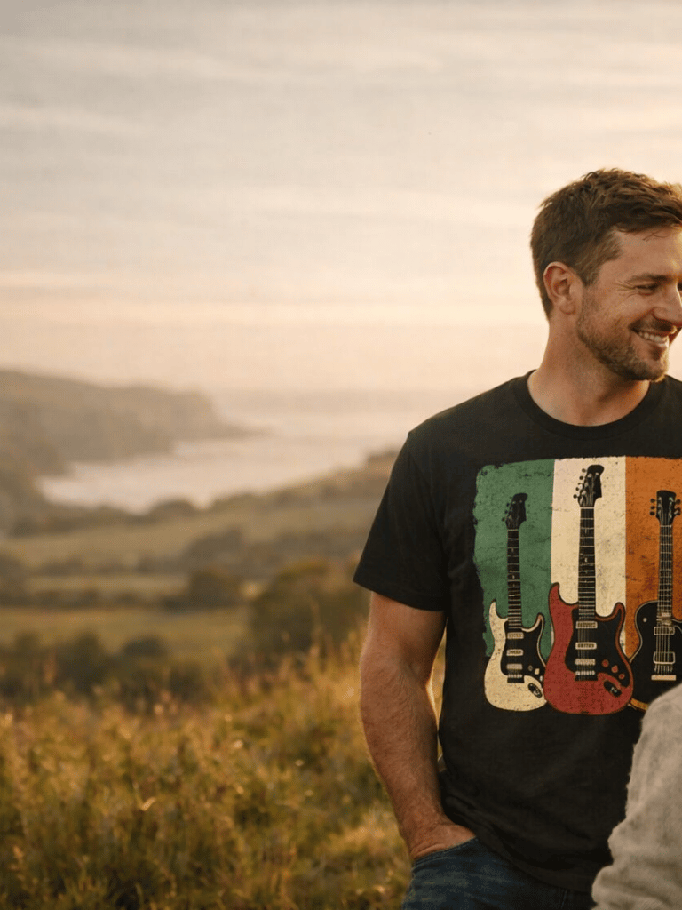Multi-generational family standing on a hillside at sunset, featuring a man in a vintage guitar t-shirt.