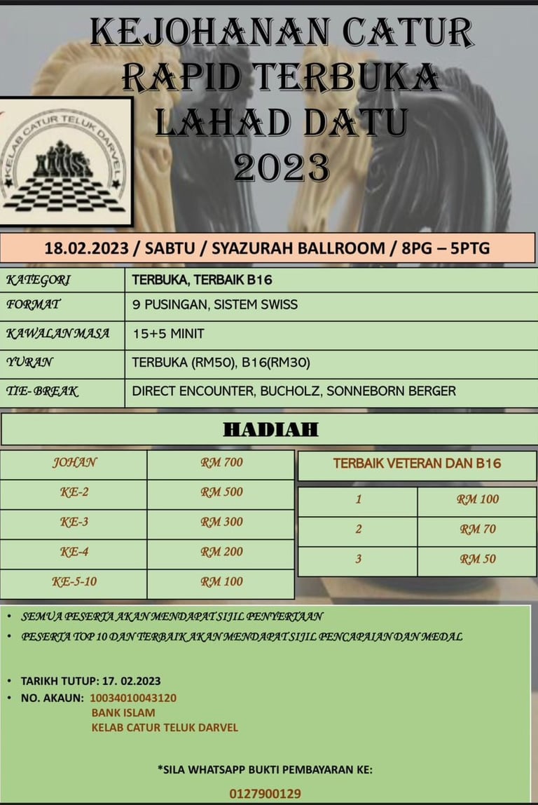 Kejohanan Catur Rapid Terbuka Lahad Datu 2023. Pertandigan Catur Malaysia 2023