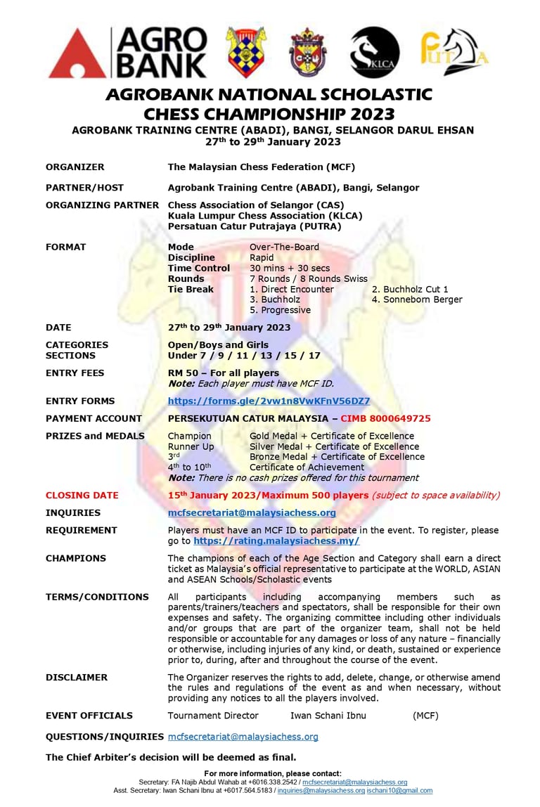Agro Bank National Scholastic Chess Championship 2023. Malaysian Chess Federation. MCF Malaysia 