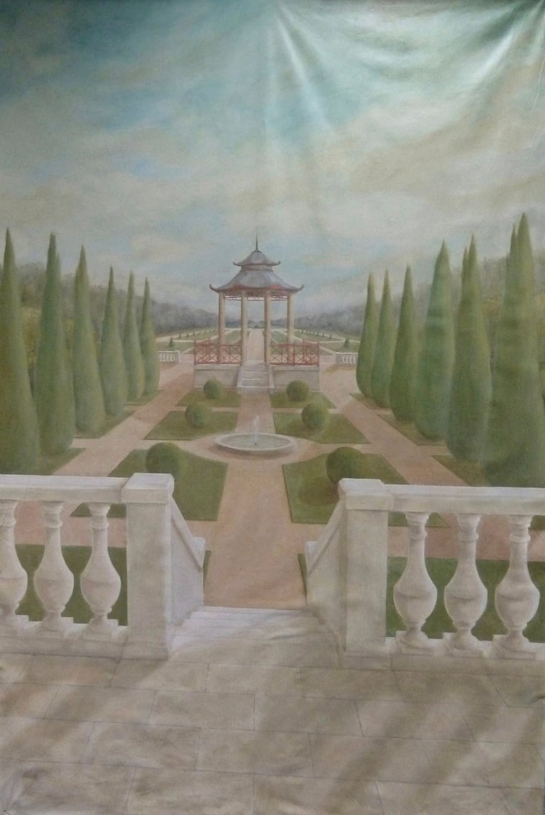 Décor mural peint sur une toile, imitant le style des décors des jardins à la Française du XVIII