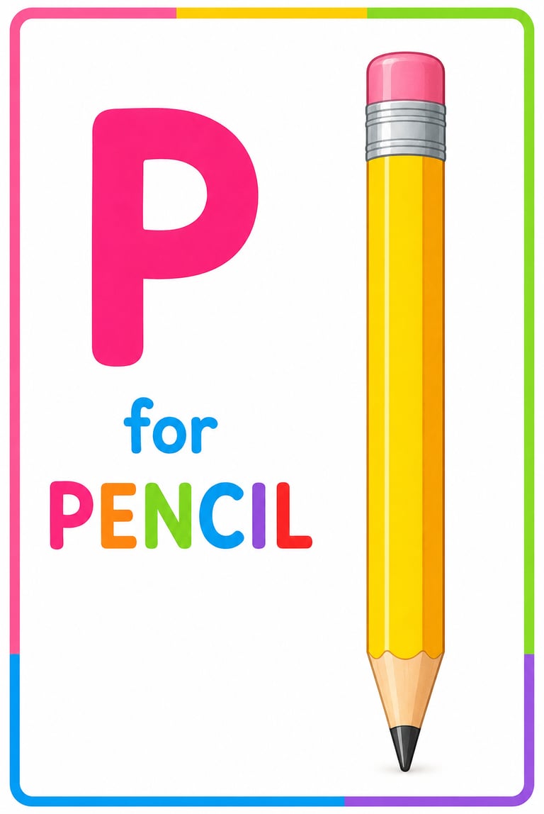 Educational alphabet card featuring a pink letter P and a yellow pencil for learning phonics.