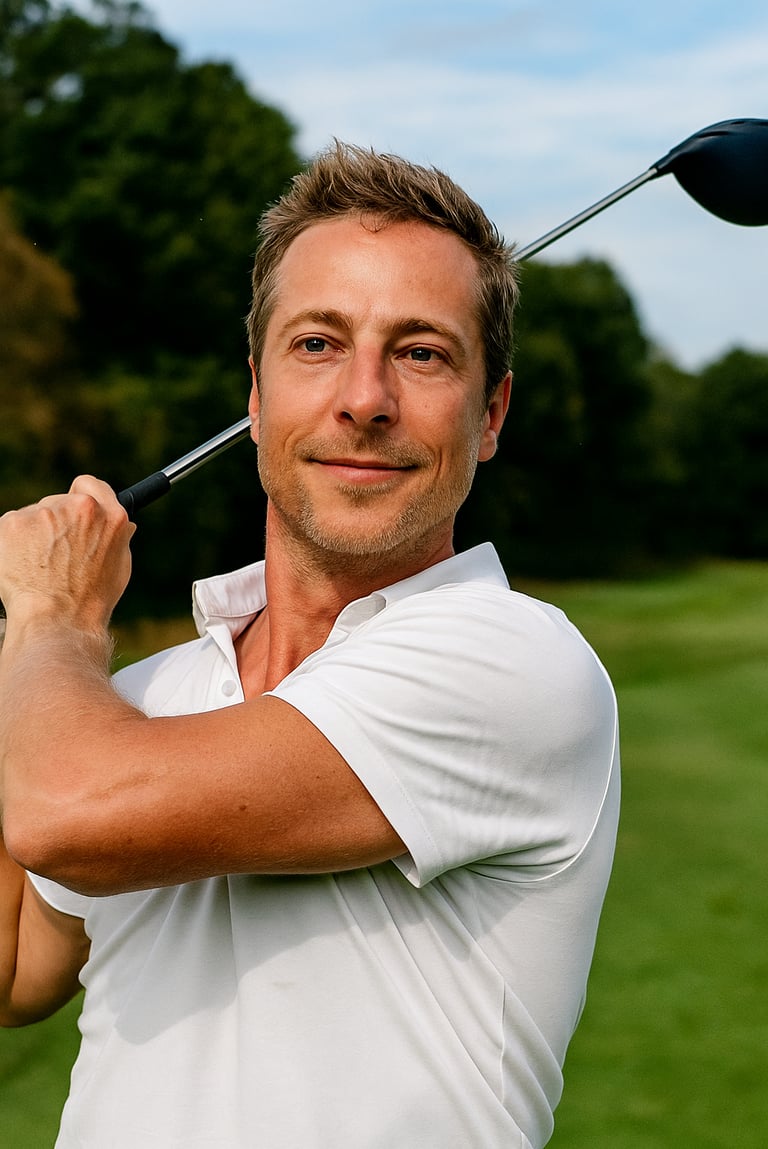 Gauthier Leleu qui réalise un swing réussi avec un club de gaucher pour la journée mondiale.