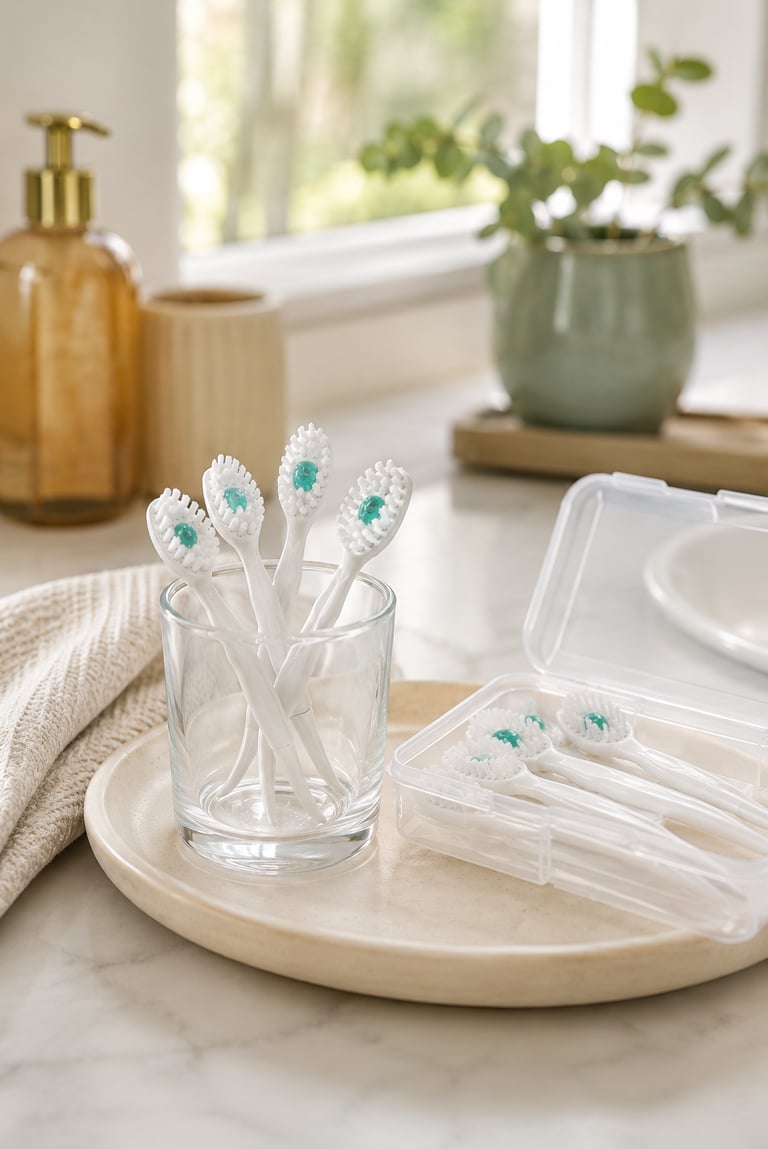 A glass holder and storage case containing several white replacement electric toothbrush heads in a bright bathroom.
