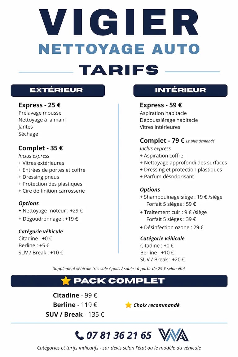 Grille des tarifs pour le nettoyage intérieur et extérieur de voiture à Saint-Junien