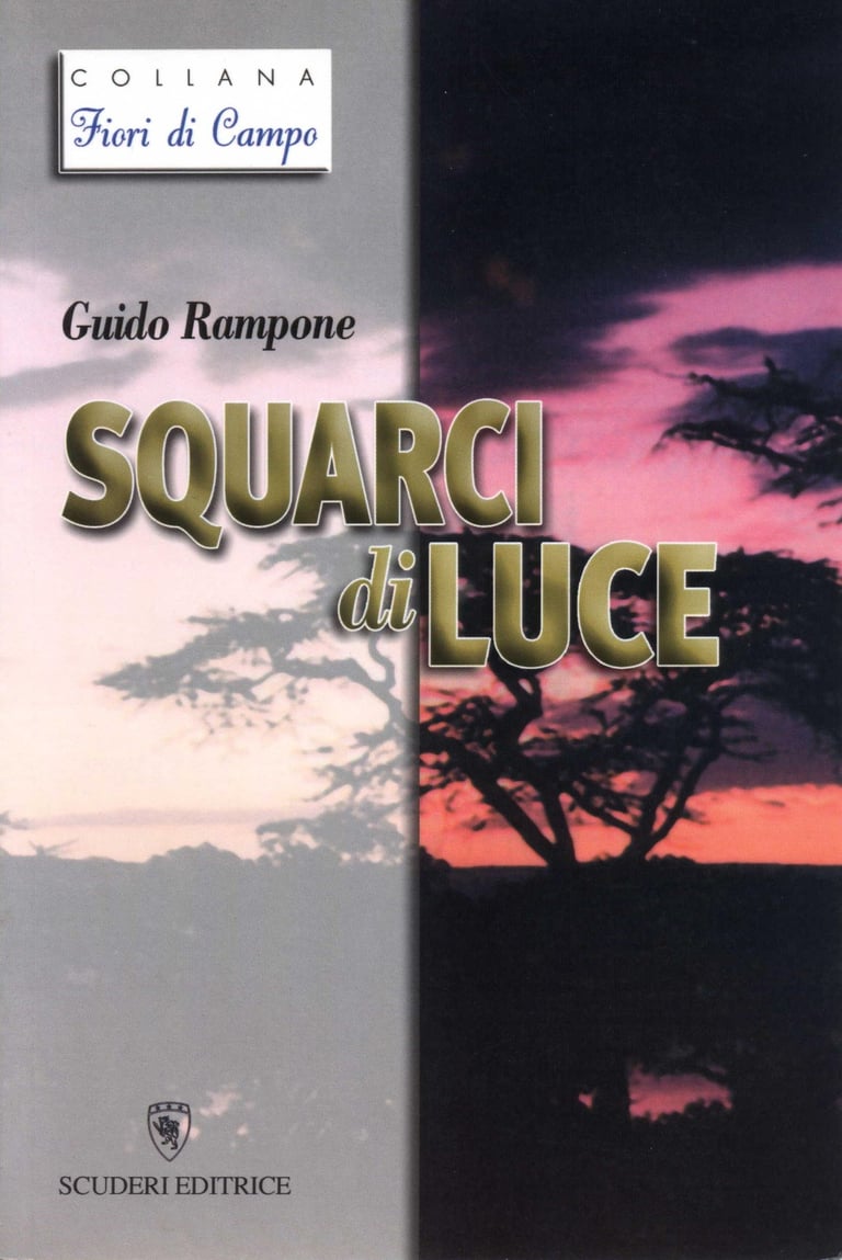 Book cover of Squarci di Luce by Guido Rampone featuring a silhouette of trees at sunset.