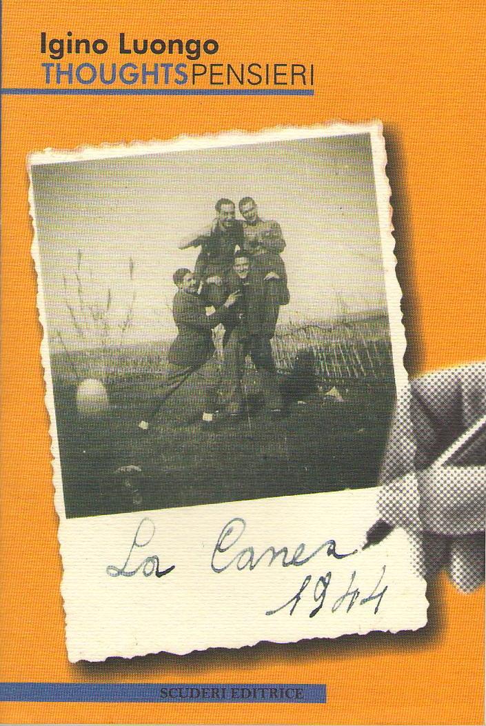 Vintage book cover for Thoughts Pensieri by Igino Luongo featuring a 1944 black and white family photo.
