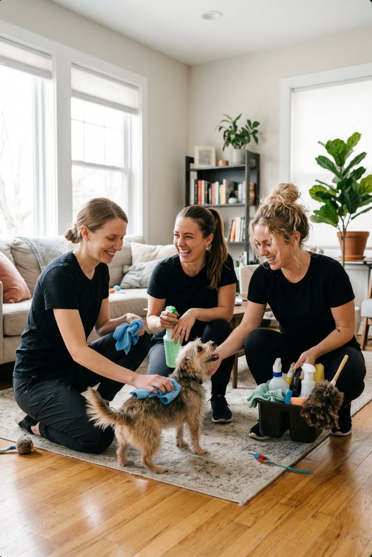 MyCleanHaven cleaning professionals with client's dog in Forest Hill home