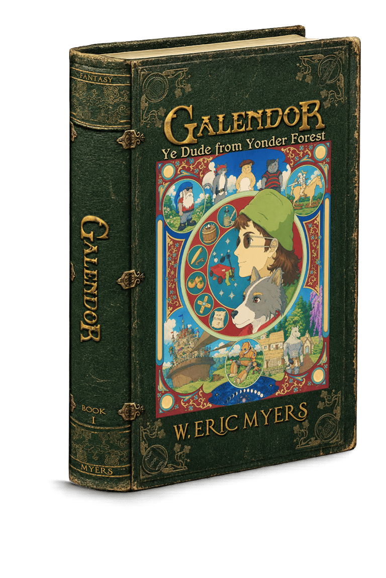 Antique green leather book cover for Galendor: Ye Dude from Yonder Forest. Art Nouveau style.