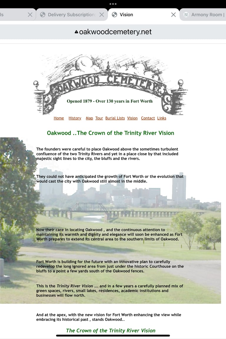 Screenshot of Oakwood Cemetery website in Fort Worth with historic logo and Trinity River Vision text.