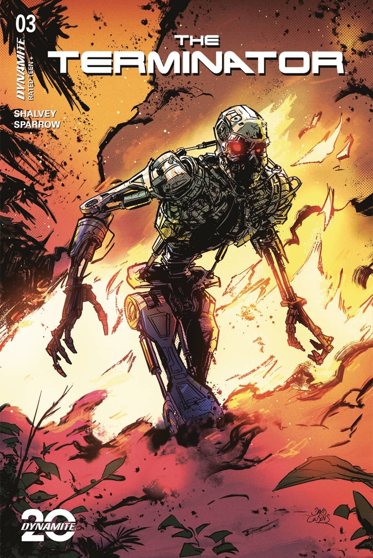 Comic cover for The Terminator issue 3 by David Cousens, a T800 endoskeleton walking through flamesl
