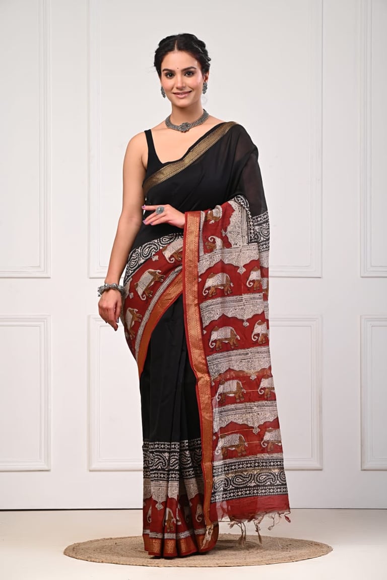 Premium Ajrakh print Maheshwari silk saree with traditional geometric motifs