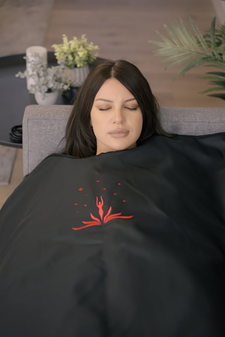 Lifestyle photo of woman using Healing Temp sauna blanket by BrandNests creative agency.
