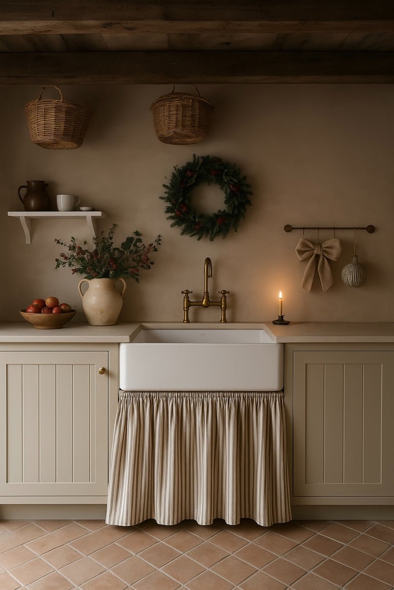 pretty country kitchen with a sink skirt beneath the sink