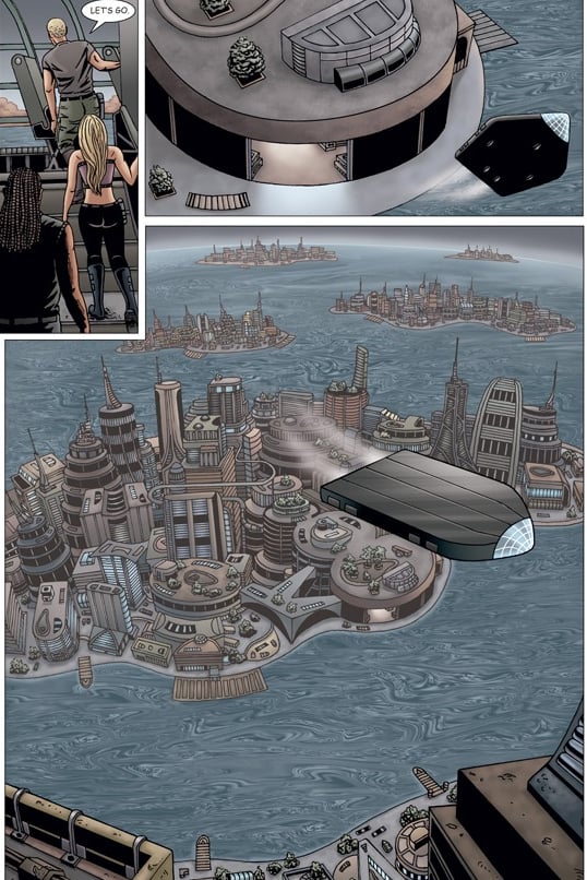 Art of flying spaceship over futuristic city .