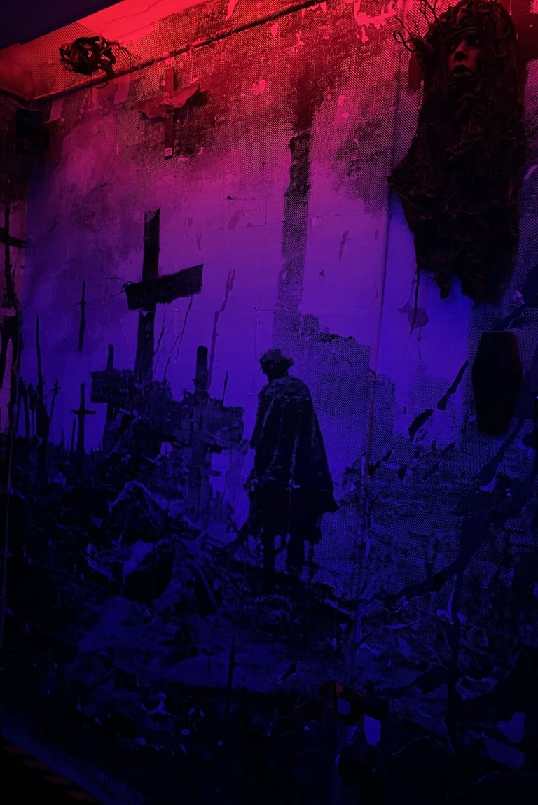 Dark gothic wall art mural with crosses and a silhouette under red and purple neon lighting.