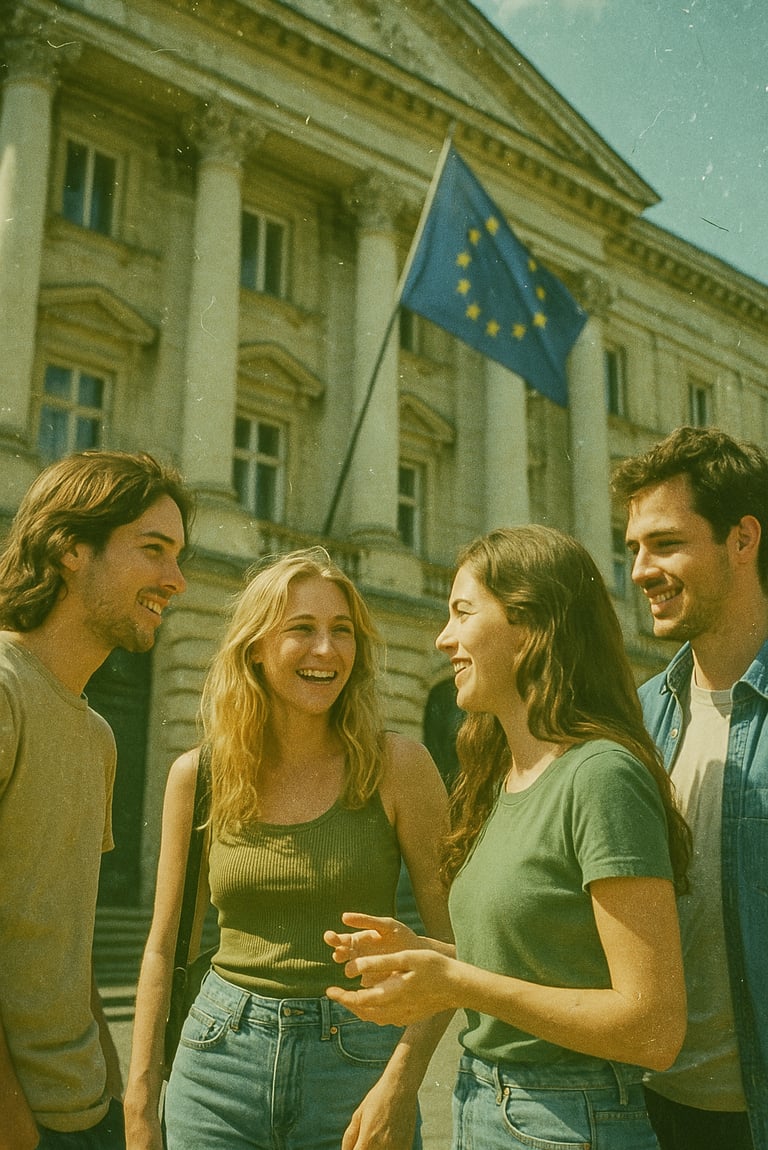 Des européens discutent devant l'université pour la journée européenne des langues.