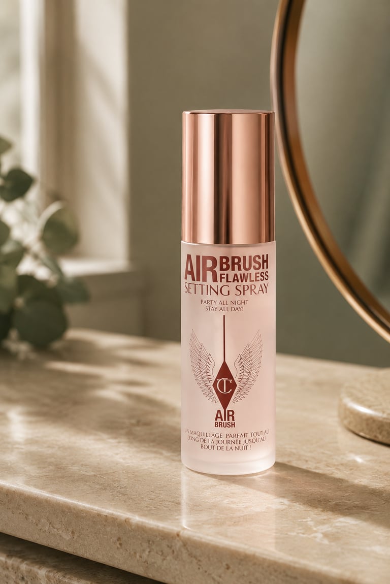 Charlotte Tilbury Airbrush Flawless Setting Spray bottle on a marble vanity near a mirror.