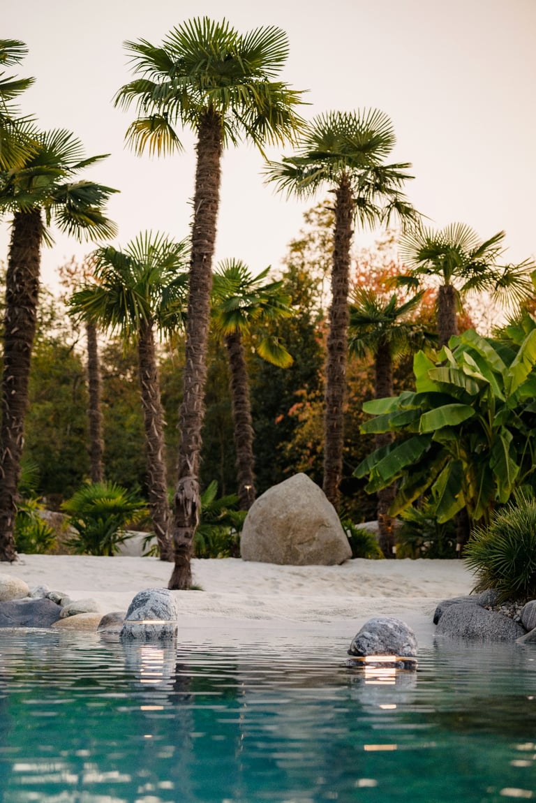 Progetto outdoor con piscina naturale, sabbia e pavimentazione esterna