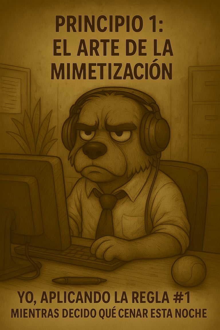 Ilustración de un perro con auriculares y expresión de concentración en su escritorio. El texto supe