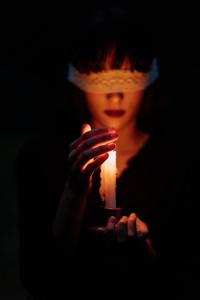 a woman in a blindfolded blindfolded blindfolded blindfolded