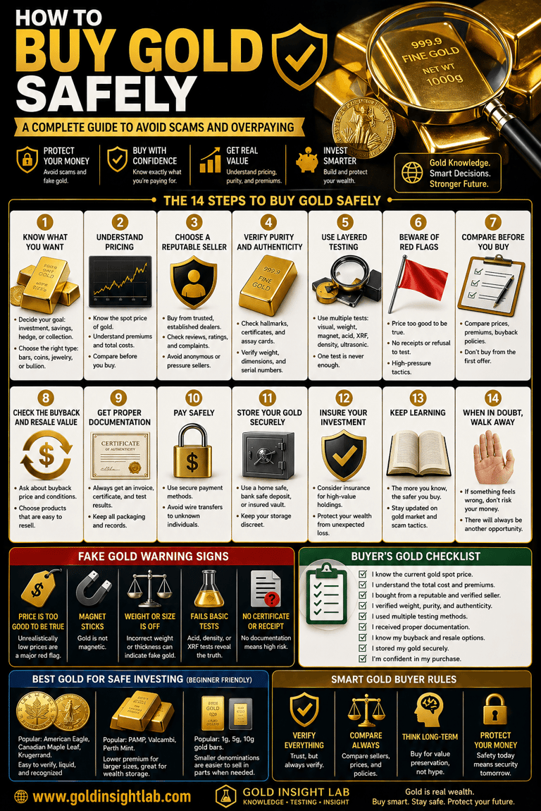 Infographic showing how to buy gold safely, including steps to avoid scams before purchasing
