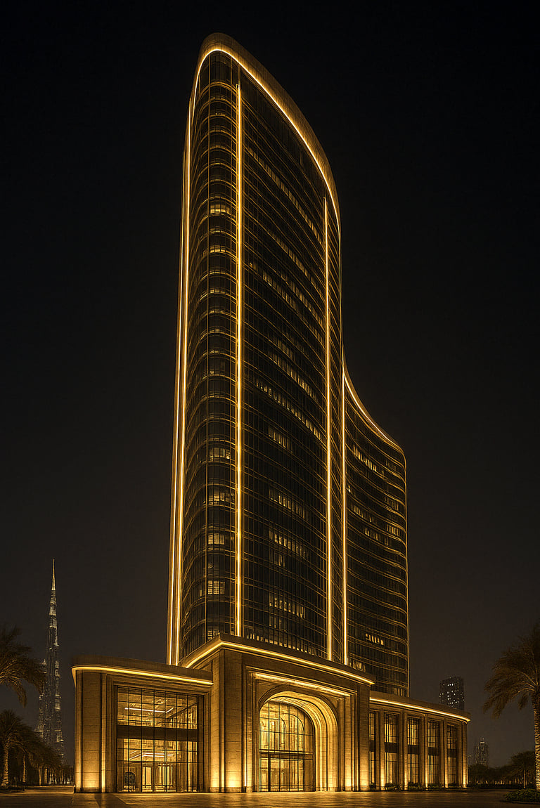 A modern luxury hotel skyscraper in Dubai illuminated with gold lights at night near the Burj Khalifa.